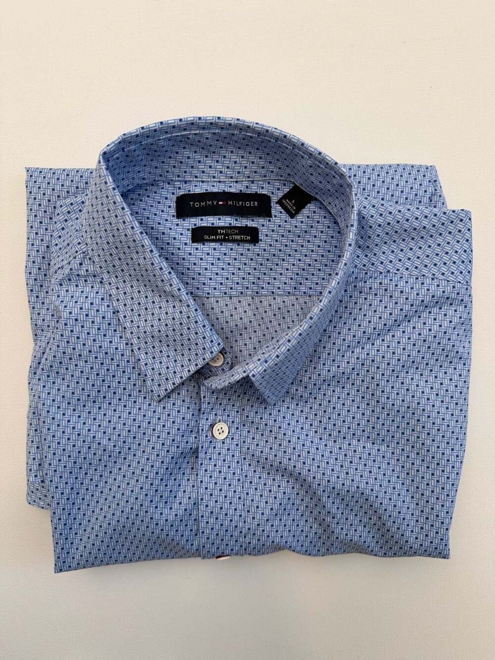 Tommy Hilfiger TH Tech Slim Fit Stretch Dress Shirt Size L Blue Print
